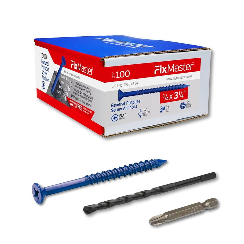 FixMaster 1/4 x 3-1/4" Countersunk Phillips Flat Head Blue Concrete Screw Anchors (100 pcs Screw Kit) with one Screwdriver and Drill Bit for Concrete, Masonry, Block, Brick and Wood Fastening - Image 1